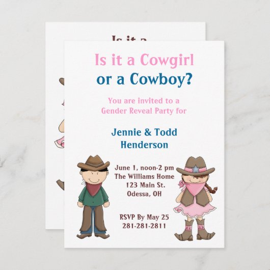 カウボーイか女性のカーボーイ?性別の明示パーティの招待状 招待状 (正面/裏面)
