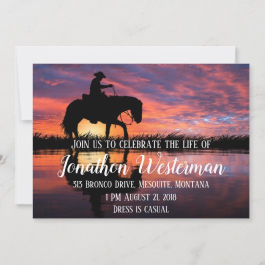 カウボーイが乗馬アットサンセットお祝いオブライフ 招待状 (裏面)