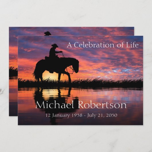 カウボーイが乗馬アットサンセットお祝いオブライフ 招待状 (正面/裏面)