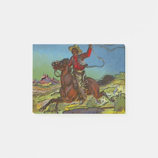 カウボーイが馬に乗って投げ縄を振る ポストイット (正面)