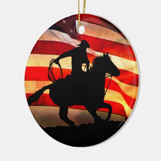 カウボーイとアメリカ国旗のクリスマス装飾 セラミックオーナメント (左)