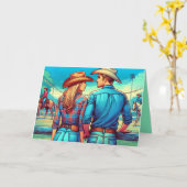 カウボーイとカウガールがライダーを見守る西部カスタム カード (黄色い花)