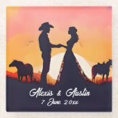 カウボーイとカウガールの結婚式のシルエット ガラスコースター (正面)