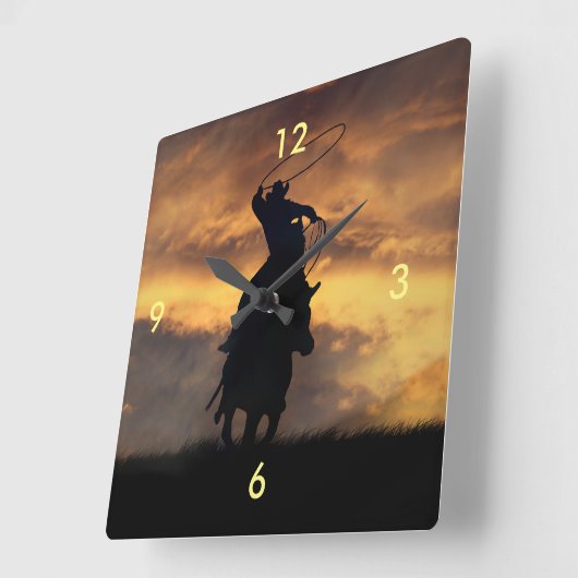 カウボーイとステアクロックを鳴らす スクエア壁時計 (傾斜)