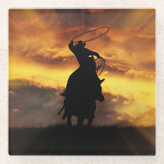 カウボーイとステアルーピングを日の入りで ガラスコースター (正面)