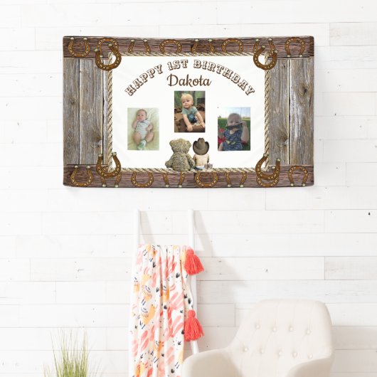 カウボーイとテディベア1st誕生日パーティーバナー 横断幕 (インサイチュ)