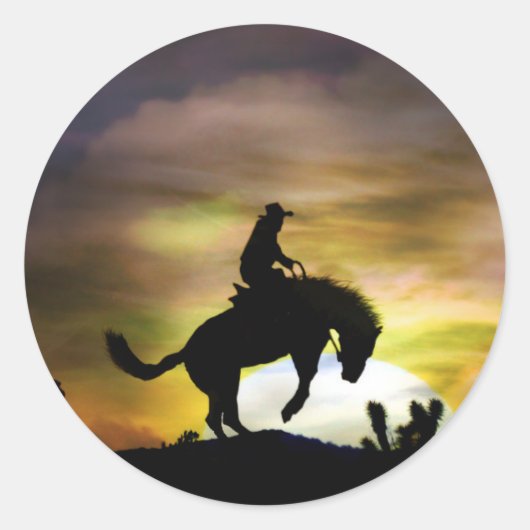 カウボーイとバッキング馬のステッカー ラウンドシール (正面)