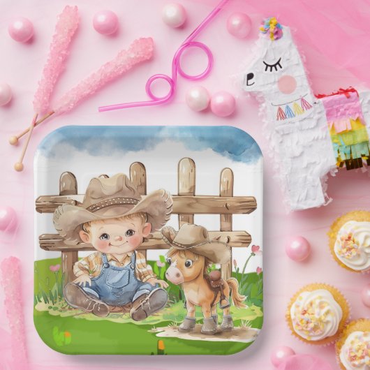 カウボーイとポニーホースボーイベビーシャワー ペーパープレート (パーティー)