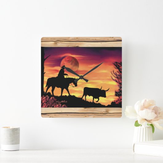 カウボーイとロングホーンのステア角時計 スクエア壁時計 (ホーム)
