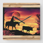 カウボーイとロングホーンのステア角時計 スクエア壁時計 (正面)
