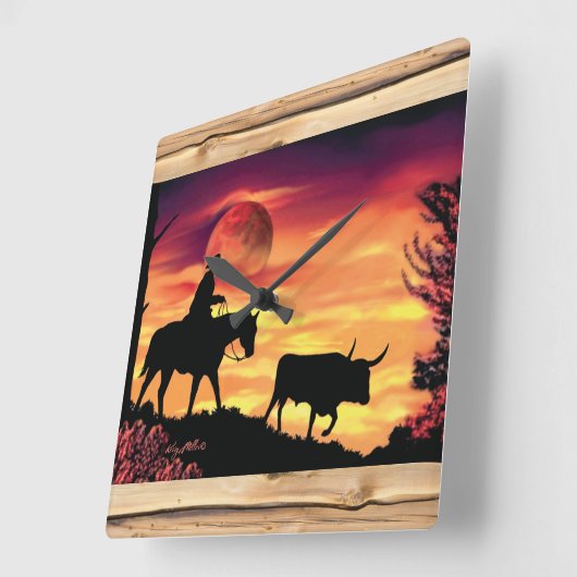 カウボーイとロングホーンのステア角時計 スクエア壁時計 (傾斜)