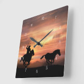 カウボーイとワイルドホース スクエア壁時計 (傾斜)