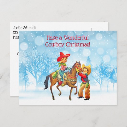 カウボーイと女性のカーボーイのクリスマス ポストカード (正面/裏面)