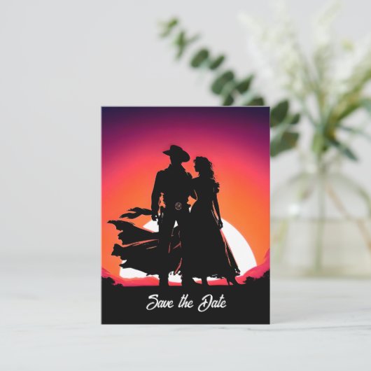カウボーイと女性のカーボーイの日没の保存日付 招待状 (スタンド正面)