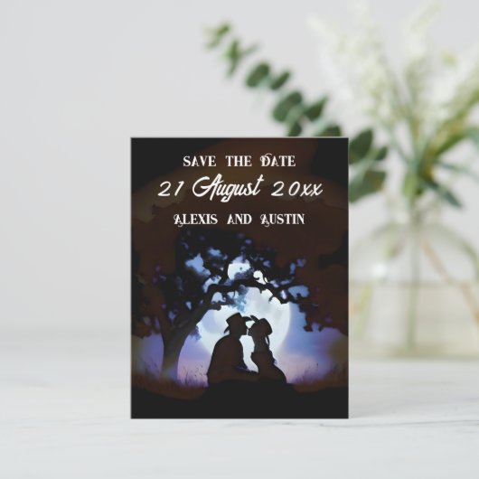 カウボーイと女性のカーボーイキスをする日付の保存 招待状 (スタンド正面)