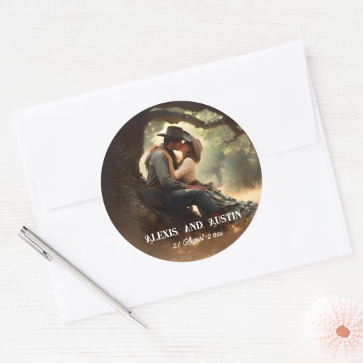 カウボーイと女性のカーボーイキスをする結婚ズ ラウンドシール (封筒)