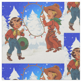 カウボーイと女性のカーボーイキッズウィンターシーンホリデーファブリ ファブリック