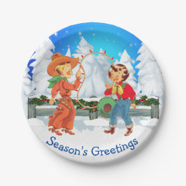 カウボーイと女性のカーボーイキッズウィンターシーンロープライト ペーパープレート