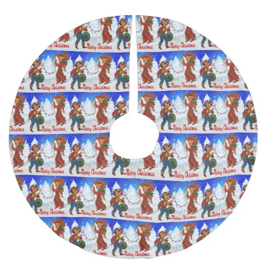 カウボーイと女性のカーボーイキッズウィンターメリークリスマス ブラッシュドポリエステルツリースカート (正面)