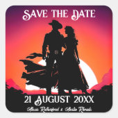 カウボーイと女性のカーボーイサンダウン日付を保存 スクエアシール (正面)