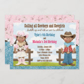 カウボーイと女性のカーボーイ共同兄弟姉妹誕生日パーティー 招待状 (正面/裏面)