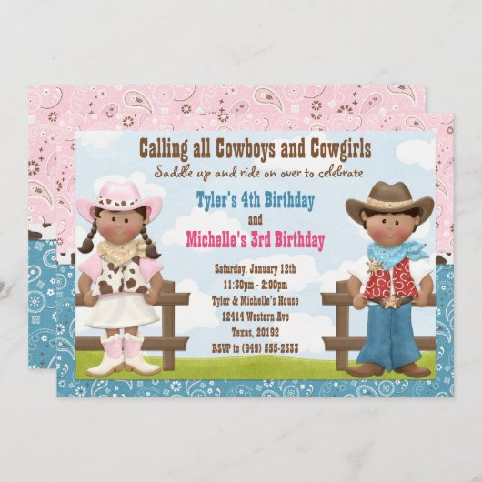 カウボーイと女性のカーボーイ共同兄弟姉妹誕生日パーティー 招待状 (正面/裏面)