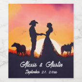 カウボーイと女性のカーボーイ結婚のシルエット ワインラベル (シングルラベル)