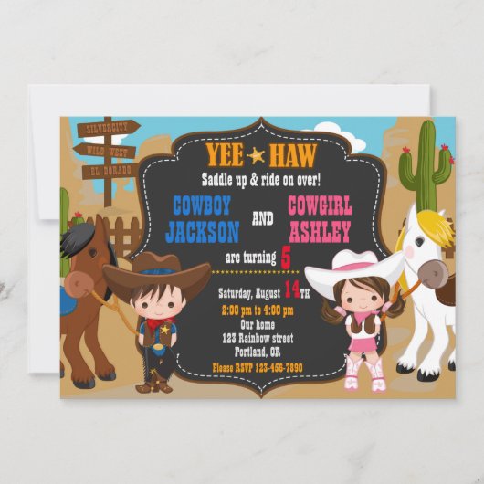 カウボーイと女性のカーボーイ誕生日の招待状ワイルドウエスト 招待状 (正面)