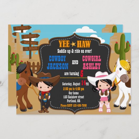 カウボーイと女性のカーボーイ誕生日の招待状ワイルドウエスト 招待状 (正面/裏面)
