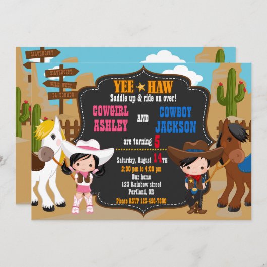 カウボーイと女性のカーボーイ誕生日の招待状ワイルドウエスト 招待状 (正面/裏面)