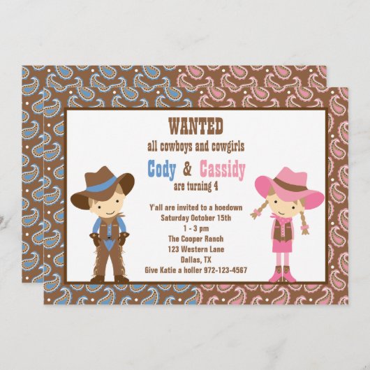 カウボーイと女性のカーボーイ誕生日招待状 招待状 (正面/裏面)