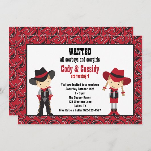 カウボーイと女性のカーボーイ誕生日招待状 招待状 (正面/裏面)