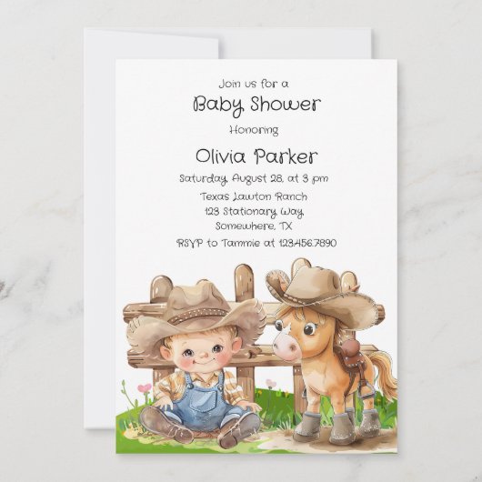 カウボーイと彼の馬の少年の赤ちゃんシャワー 招待状 (裏面)