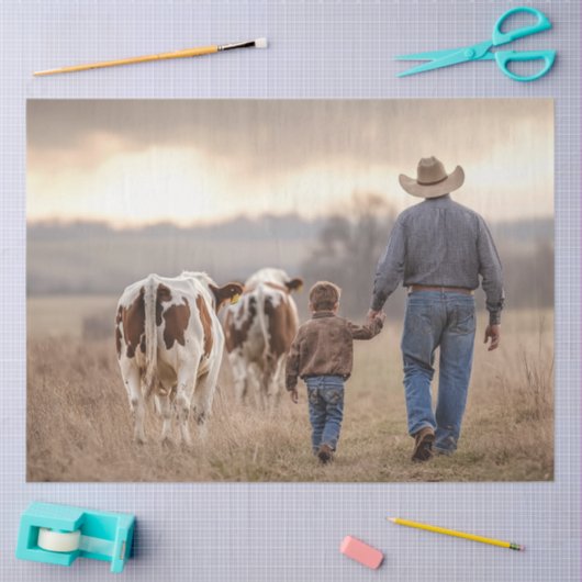 カウボーイと息子の手を牛と切り離す 薄葉紙 (クラフト)