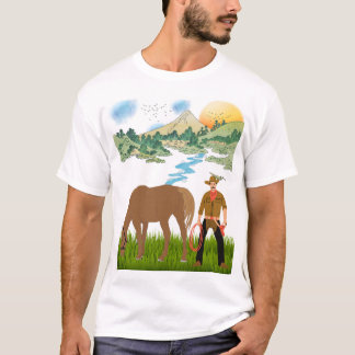 カウボーイと放牧馬の山の風景 Tシャツ