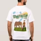 カウボーイと放牧馬の山の風景 Tシャツ (裏面)
