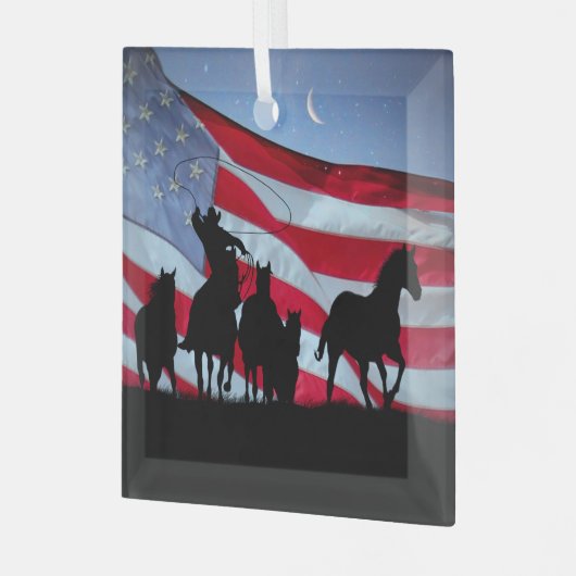 カウボーイと野生の馬アメリカ国旗 ガラスオーナメント (正面左)