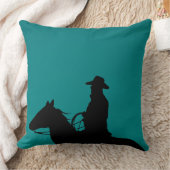 カウボーイと馬のシルエットティール(緑がかった色)グリーン背景 クッション (ブランケット)