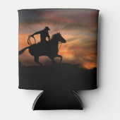 カウボーイと馬のロープと夕日 缶クーラー (正面)