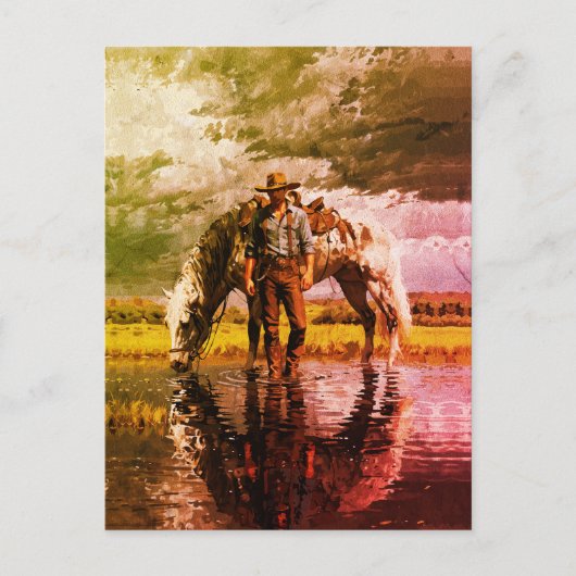 カウボーイと馬の反射ウォールアート - ウェスタン ポストカード (正面)