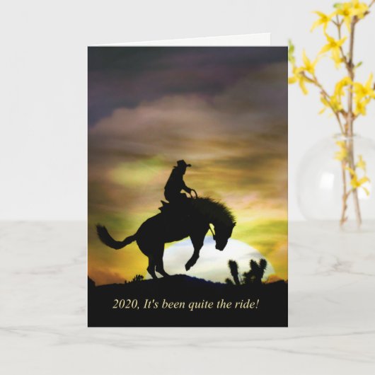 カウボーイと馬の幸せな新年 カード (黄色い花)