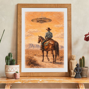 カウボーイとUFOの砂漠シーンアート、ウェスタン・サイエンス・フィクション ポスター