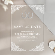 カウボーイのウェディング用ホースシューとレースのデザインの「Save the Date」カード