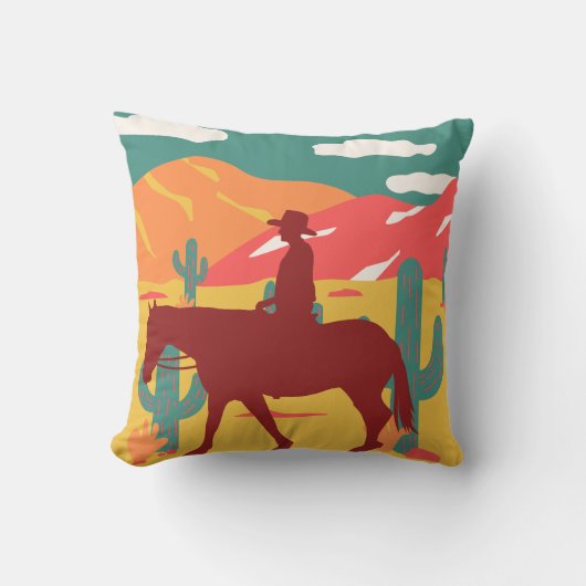カウボーイのシルエット 砂漠の風景 サラシ枕 クッション (正面)