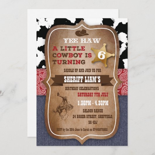 カウボーイのテーマの誕生日のパーティの招待状 招待状 (正面/裏面)