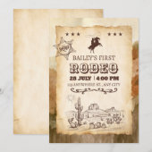カウボーイのデビューイベントおめでとう! ワイルドウェストスタイルの誕生日 招待状 (正面/裏面)