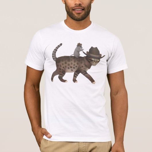 カウボーイのネズミに乗られた面白い猫 Tシャツ (正面)
