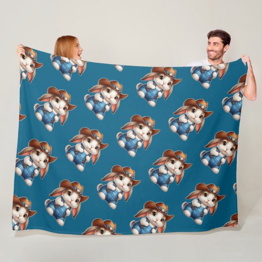 カウボーイのバニーに帽子とオーバーオールを フリースブランケット (インサイチュ)