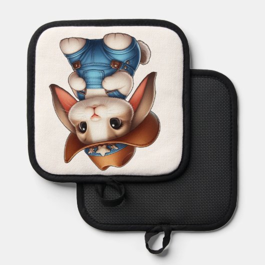 カウボーイのバニーに帽子とオーバーオールを 鍋敷き (正面/裏面)