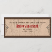 カウボーイのベビーの高い発表カード 案内状 (裏面)